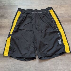 Vintage Nike Shorts Size Medium Black Yellow Stripe Lined Elastic Waist Athletic